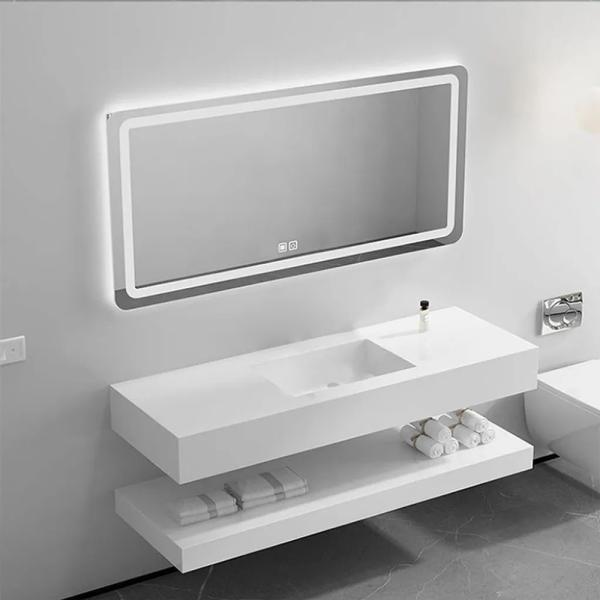 Waschbecken Set aus Keramik mit LED Lichtspiegel und Ablage weiß ohne Wasserhahnloch 120cm